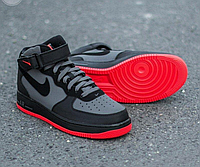 Кроссовки мужские Nike Air Force 1 Mid High Black Grey Red высокие Найк Аир Форс 1 серые на липучках