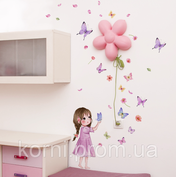 Інтер'єрні вінілові люмінесцентні наклейки в дитячу кімнату для дизайну Дівчинка з метеликами Принцеса (NST)