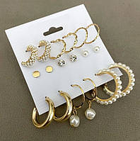Набір сережок 9 пар біжутерія з перлами гвоздики Золотистий Fashion Jewelry (ММ)