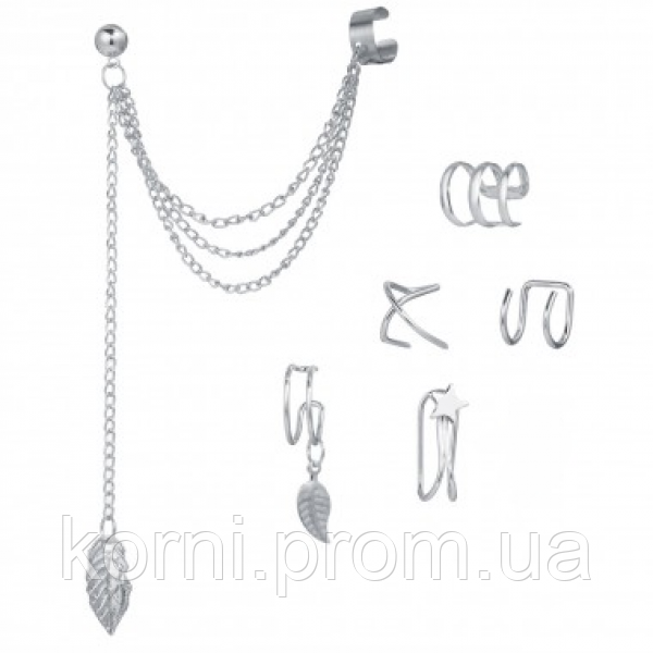 Набор кафф 6 штук бижутерия сережки длинные Fashion Jewelry серебристые (ММ) - фото 2 - id-p1977316099