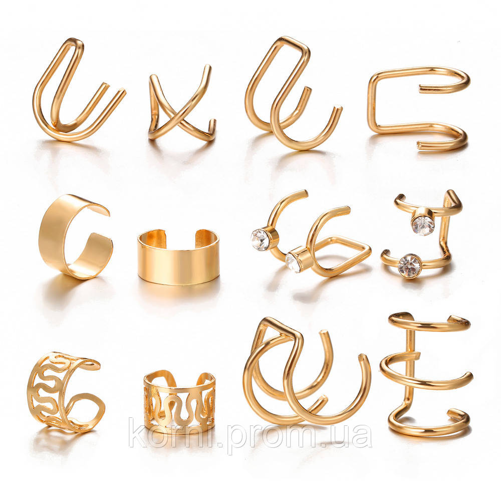 Набор кафф 12 штук бижутерия сережки золотистые Fashion Jewelry (ММ) - фото 1 - id-p1977316100