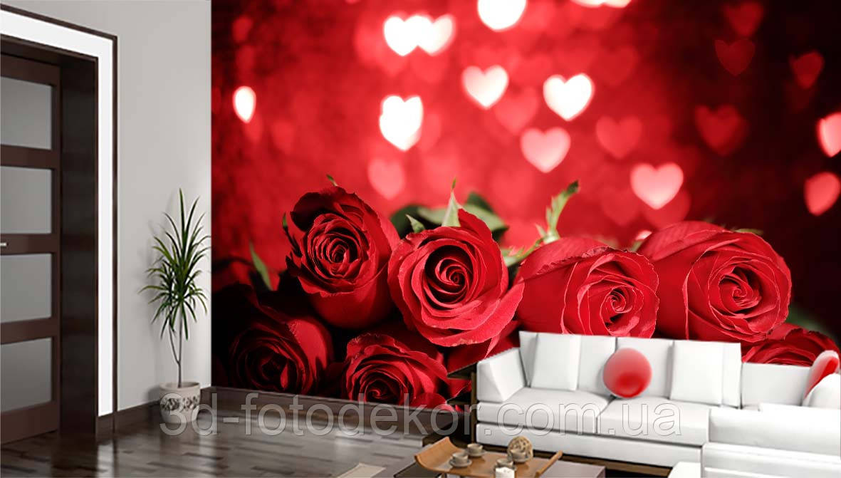 3D Фото шпалери "Червоні троянди та білі серця" - Будь-який розмір! Читаємо опис!