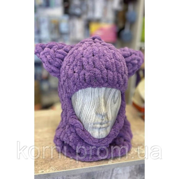 Вязанная балаклава шапка Alize Puffy фиолетовый , с ушками медвежонка Окружность головы 54см - фото 2 - id-p1977305222