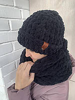 Вязанный зимний набор (шапка+хомут) One Size черный