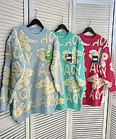 Жіночий теплий подовжений светр-туніка з ведмедиками AQY вовна/акрил