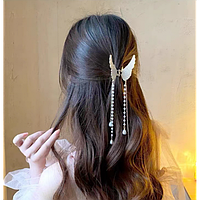 Заколка крабик для волос в виде крыльев ангела с жемчужинами и стразами и подвесками (NST)