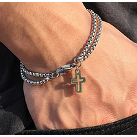 Мужской браслет цепочка на руку серебристый с крестом серебристый (NST) 22см
