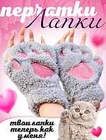 Перчатки - митенки варежки без пальцев аниме Кошачьи лапки черный OneSize серый (NST)