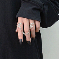 Набор колец с цепочкой с крестами на 2 пальца в стиле панк готы серебристый Fashion Jewelry (NST))