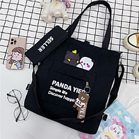 Женская полотняная чёрная сумка рюкзак шоппер трансформер Panda на плечё с кошельком и брелком Куроми,