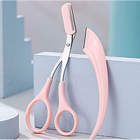 Ножиці з гребінцем + бритва для корекції брів, для стрижки та догляду за бровами Рожевий (ММ)