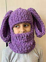 В'язана балаклава шапка Alize Puffy фіолетовий, з вушками довгими Зайчики Окружність голови 54см