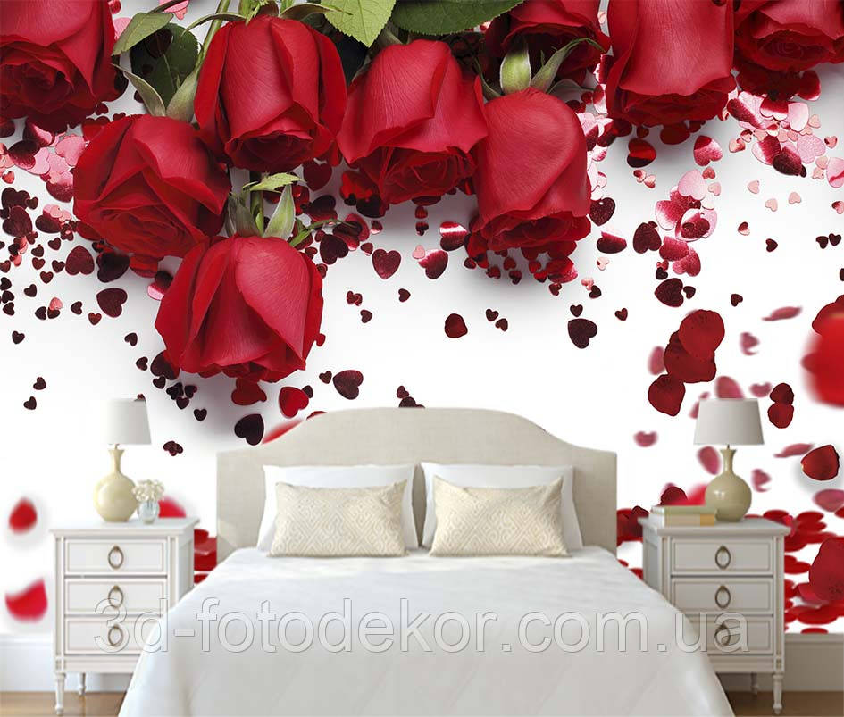 3D Фото шпалери "Троянди з пелюстками та сердечками" - Будь-який розмір! Читаємо опис!