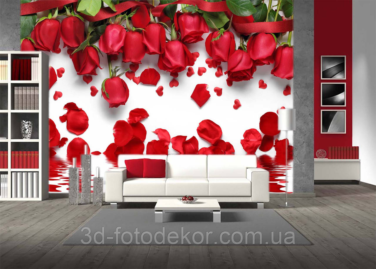 3D Фото шпалери "Троянди з пелюстками над водою" - Будь-який розмір! Читаємо опис!
