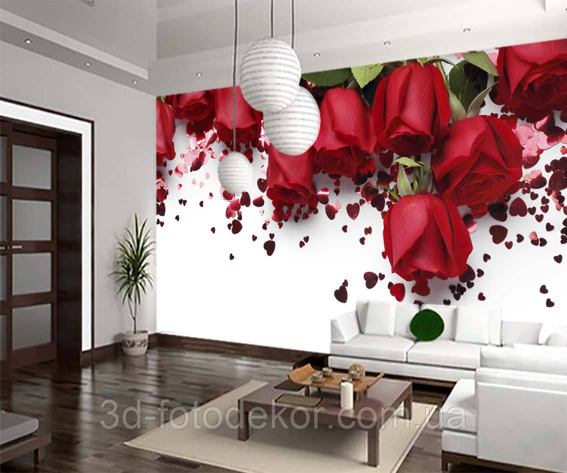 3D Фото шпалери "Троянди із сердечками" - Будь-який розмір! Читаємо опис!