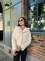 Дубленка с мехом короткая женская теплая серая размер S, M, L, XL | Куртка женская барашек Молочный, 44