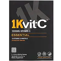 1Kvit-C, Essential, витамин C, шипучая смесь для напитка, натуральный апельсиновый вкус, 1000 мг, 3 пакетика