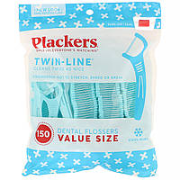 Plackers, Twin-Line, зубочистки с нитью, экономичная упаковка, морозная мята, 150 шт. Днепр
