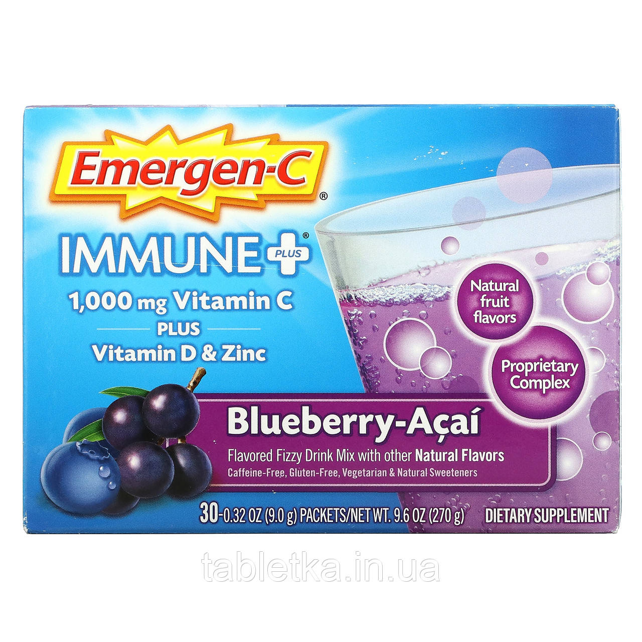 Emergen-C, Immune +, вітамін C, вітамін D і цинк, лохина та асаї, 1000 мг, 30 пакетиків по 9,0 г (0,32 унції)