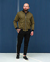 Комплект мужской Куртка замшевая + Брюки замшевые хаки-черный | Костюм замшевый Бомбер Штаны осенний весенний
