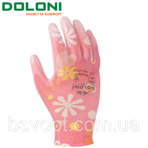 Рукавички робочі трикотажні з поліуретановим покриттям 8 розмір Doloni D-Flex Ромашка рожеві 4548