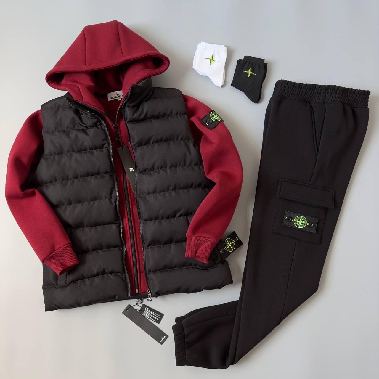 Комплект Stone Island зимовий спортивний костюм чоловічий на флісі жилетка безрукавка стон айленд набір теплий зима чорно-бордо, фото 1