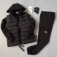 Комплект зимовий Stone Island спортивний костюм чоловічий на флісі жилетка безрукавка стон айленд набір теплий зима 3в1 чорний