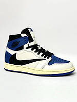 Мужские стильные кроссовки Nike Jordan 1 Low x Travis Scott белые с синим