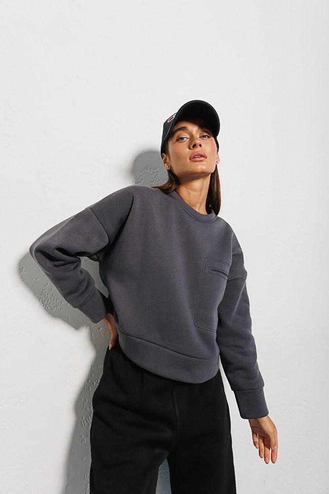 Толстовка Arjen жіноча укорочена світшот фліс без капюшона сіра, фото 1