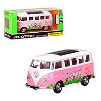 ЧП194165 [4332] Автобус металл 4332 (96шт) "АВТОПРОМ",1:38 Volkswagen T1,розовый цвет,откр.двери,в кор.