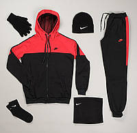 Спортивний костюм чоловічий зимовий Nike + Шапка + Перчатки + Бафф + Носки Набір Найк теплий на флісе червоний