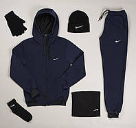 Комплект мужской зимний Nike Спортивный костюм на флисе + Шапка + Баф Носки Перчатки Найк теплый темно-синий