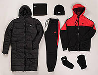 Куртка мужская зимняя Nike + Костюм + Шапка + Перчатки Баф Носки | Комплект мужской Найк до -25* черно-красный
