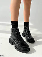Ботинки женские натуральный лак черные на шнуровках деми 36 37 38 39 40