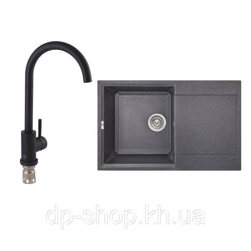 Набір: Кухонна мийка Lidz 790x495/230 BLA-03 (LIDZBLA03790495230) + Lidz Aria Змішувач для кухні 015F (k35), фото 1
