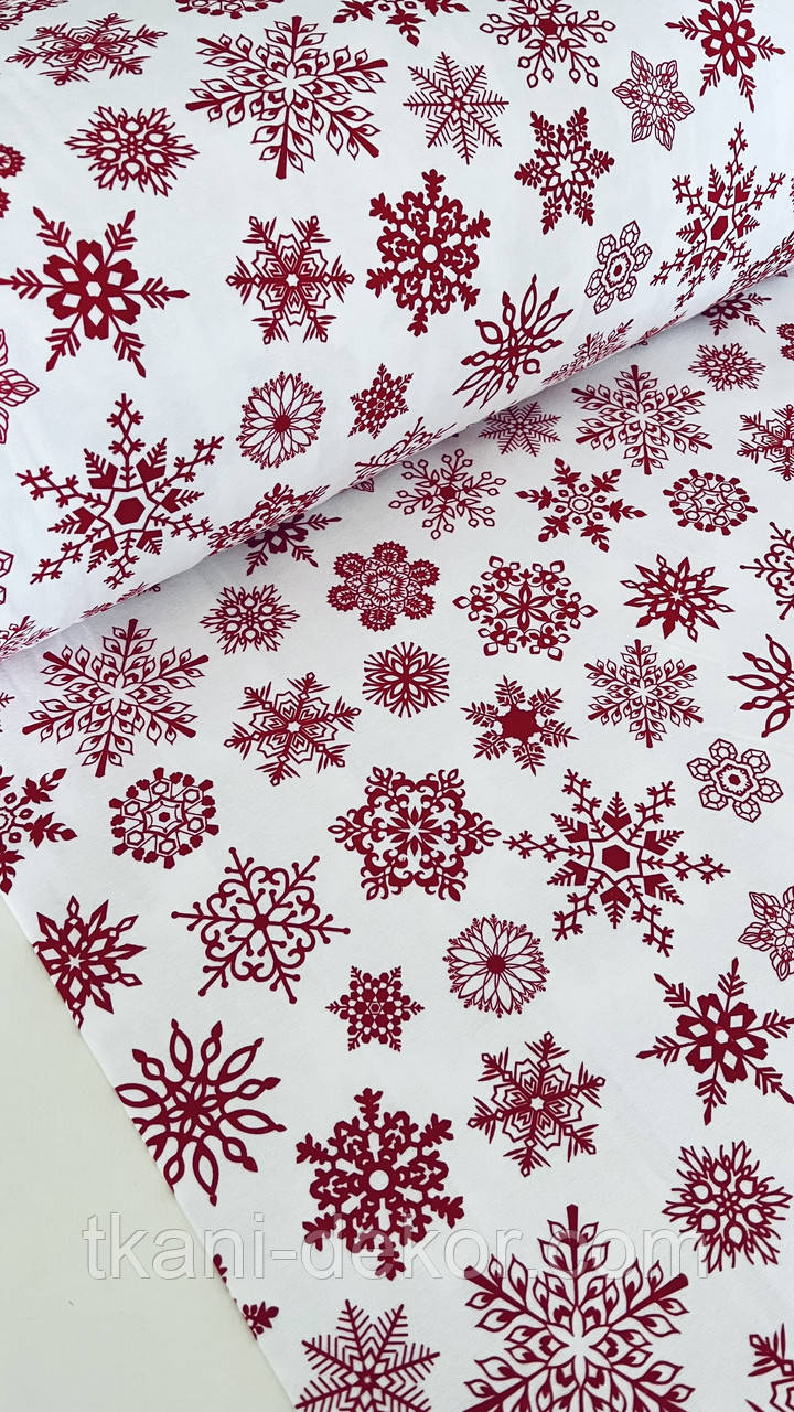 Фланель сніжинки червоні на білому, фото 1