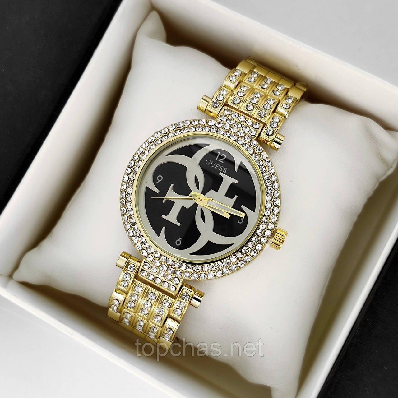 Жіночий наручний годинник Guess (Гес) золотистий з чорним, камінчики на корпусі і браслеті - код 2306b