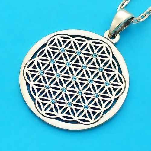Срібна Квітка Життя з блакитними топазами - амулет зі срібла 925 проби (⌀29 мм, 5.7 г), фото 1
