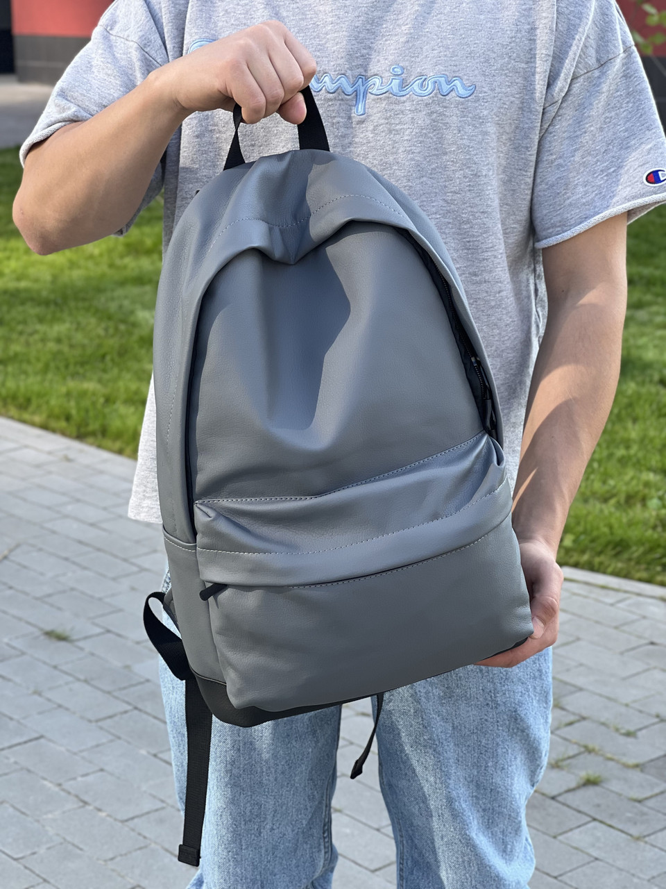 Стильний чоловічий міський рюкзак з еко-шкіри city, сірий колір
