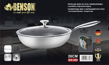 Сковорода BN-589 глибока WOK 26 см з нержавіючої сталі професійна Антипригарне покриття (не дряпається) ▪технологія 3 PLY: куля а