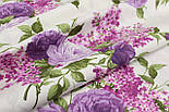 Тканина бавовняна "Букети троянд" бузкового та фіолетового кольору фон айворі No1213, фото 3
