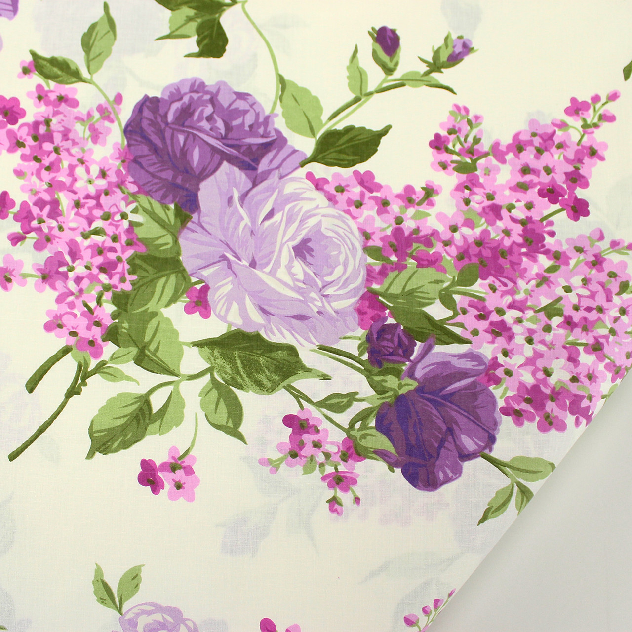 Тканина бавовняна "Букети троянд" бузкового та фіолетового кольору фон айворі No1213, фото 1