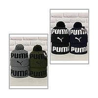 Шапка осень/зима (акрил и шерсть) черная спортивная теплая с надписью пума | Puma