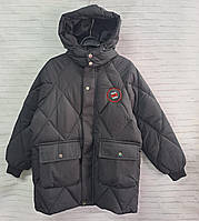 Куртка зимова підліткова подовжена з кишенями та капюшоном розмір 8-12 років, колір чорний