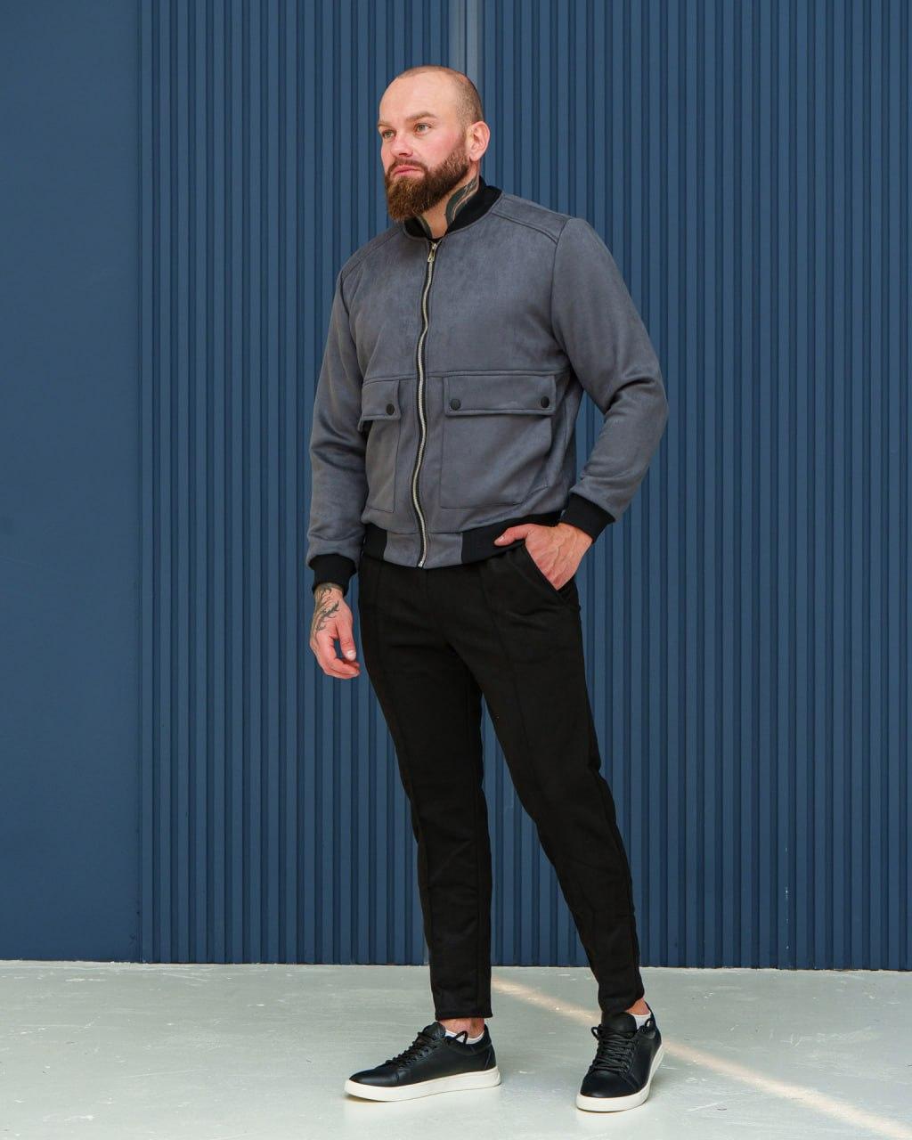Костюм чоловічий замшевий Куртка (Бомбер) + Штани замшеві Jarry | Комплект осінній весняний демісезонний сірий