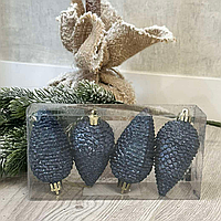 Елочные шишки темно синего цвета 8 см набор новогодних пластиковых игрушек 4 шт