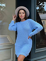 Женское вязаное платье мини, теплое, хорошо тянется, голубое