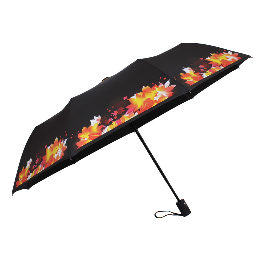 Жіноча чорна парасолька з малюнком Золота Осінь напівавтомат De Esse 3221