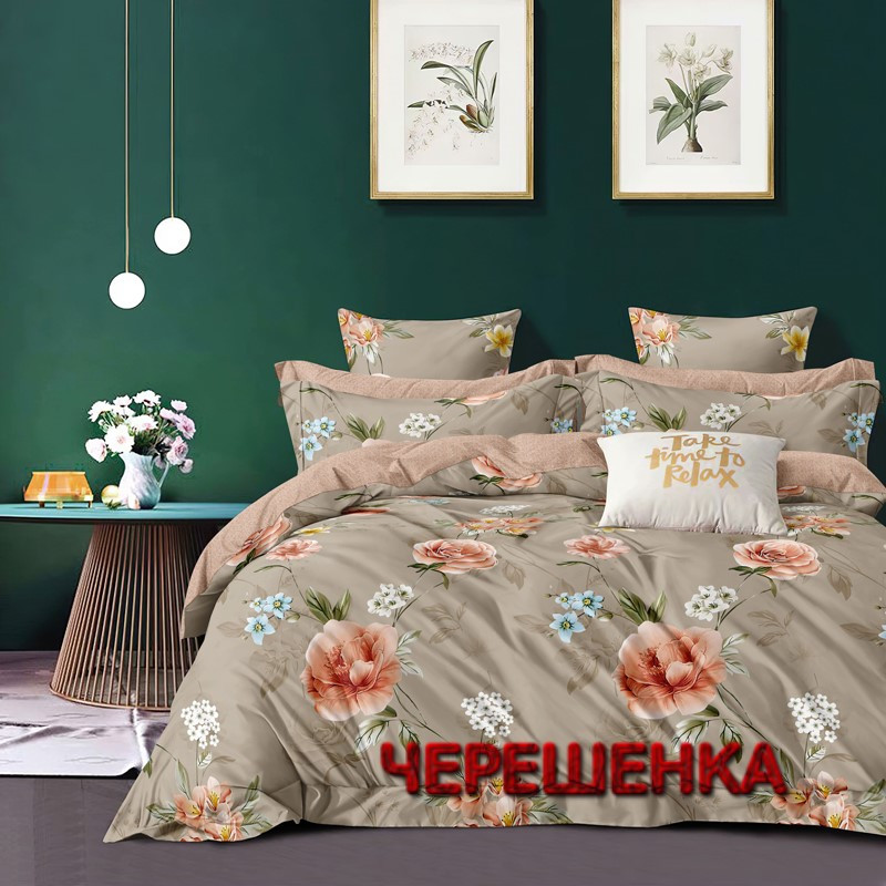 Щільні тканини компаньйони 220см для постільної білизни Сатин 100% бавовна (A+B) — (60 м+60 м) квітковий принт на бежевому тлі