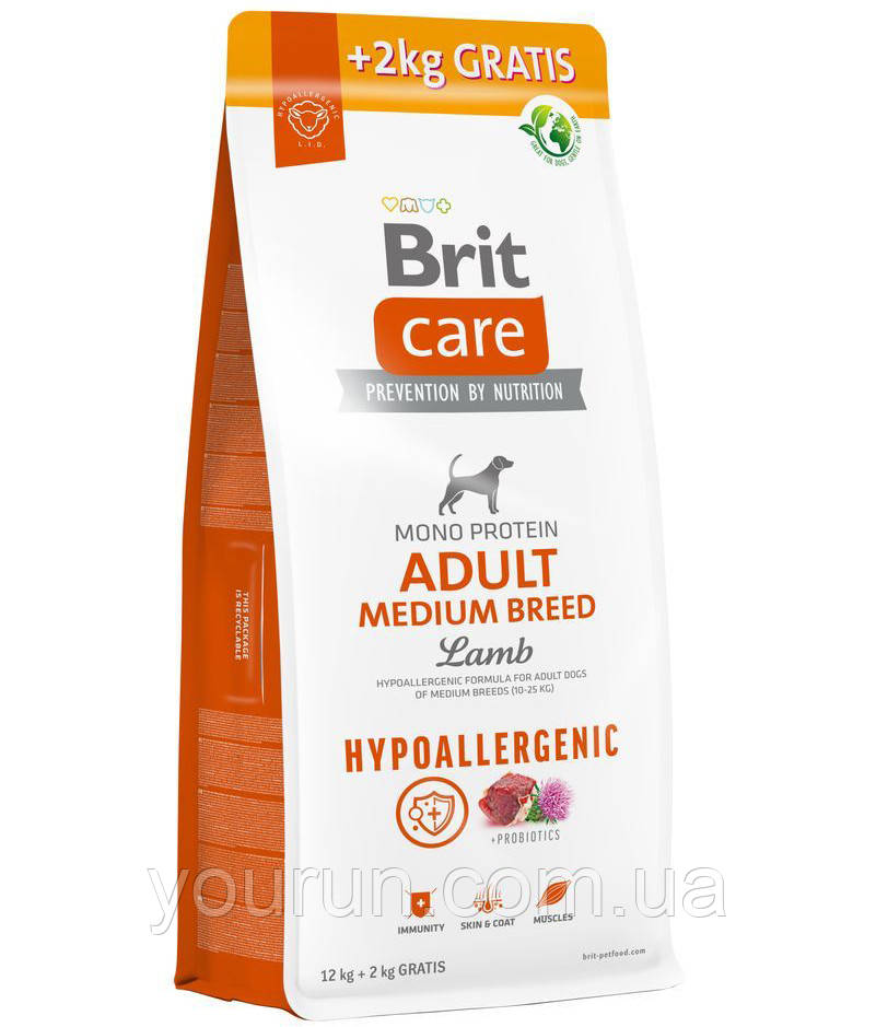 Brit Care Dog Hypoallergenic Adult Medium Breed - Гіпоалергенний корм з ягнятком, собакам середніх порід 12+2 кг